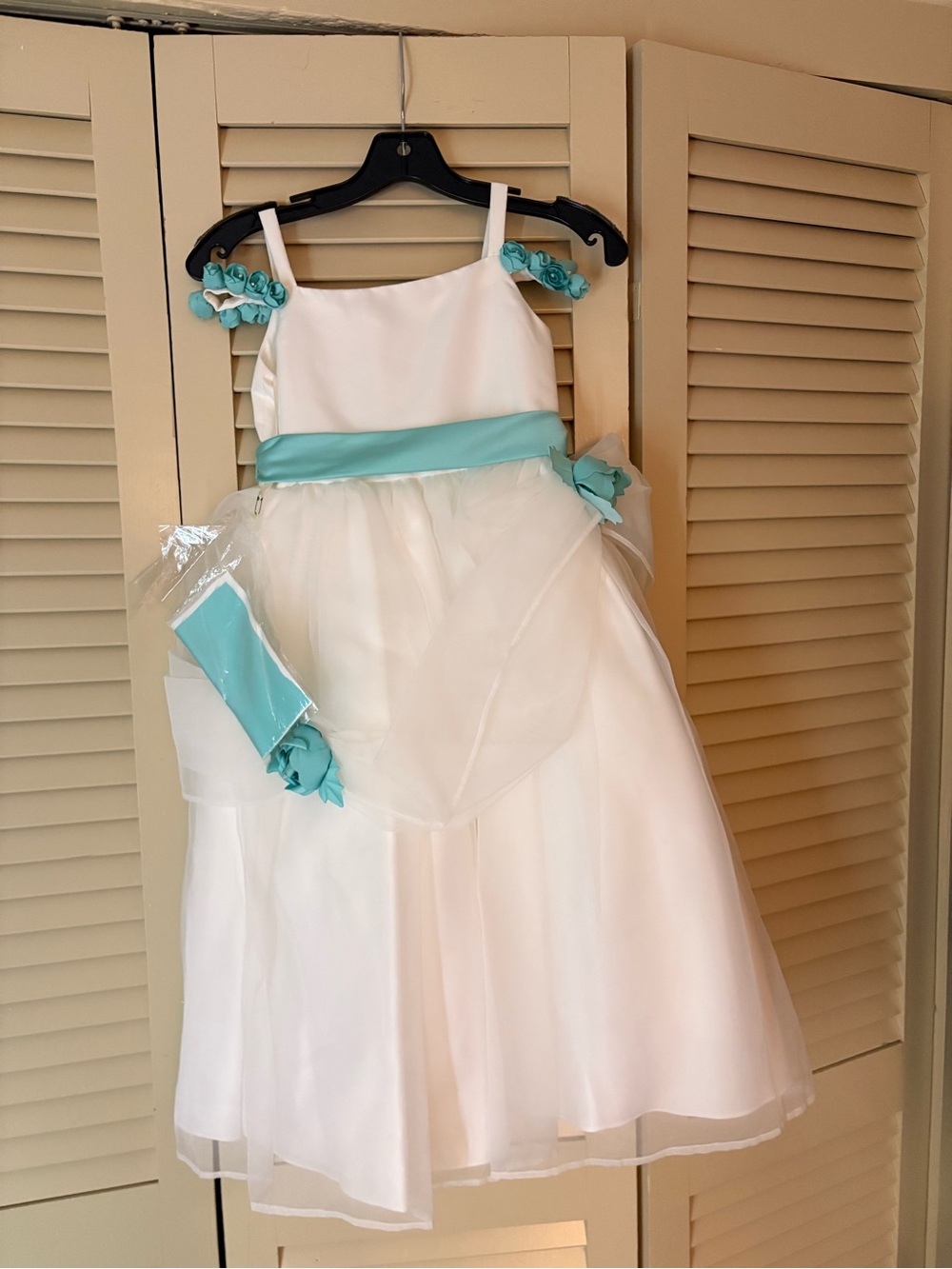 White and Aqua Flower Girl Dress with Sash 5/6